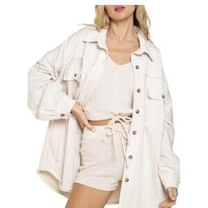 POL Off White French Terry Favorite Oversized Jacket Button Front Raw Hem Sz Lg